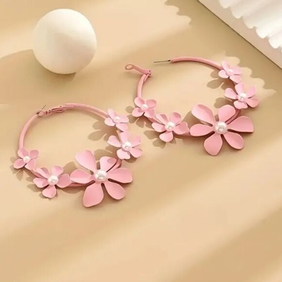 Pink Flower & Pearl Hoop Earrings - Picture 2 of 5